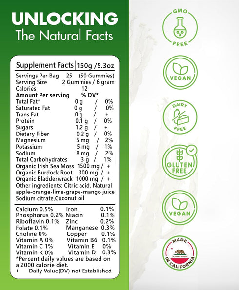 Sea Moss Gummies - Organic Irish Sea Moss, Bladderwrack, Burdock Root - Superfoods for Vegan, Keto Diet