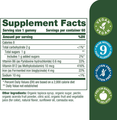MegaFood Iron Energy Gummies - Vegan & Gluten-Free Iron supplement for women, men, teens & kids with Vitamin B12 & B6, from The makers of Blood Builder Iron Supplement, Strawberry flavor - 60 gummies
