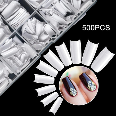 krofaue 500PCS French Style False Nails Tips, Acrylic Artificial Half Cover Manicure with Box of 10 Sizes (White)