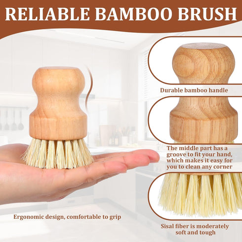 Meyeyaia 12 Pack Bamboo Scrub Brush for Dishes, Wooden Dish Scrubber Brushes with Natural Sisal Bristle Full Circle