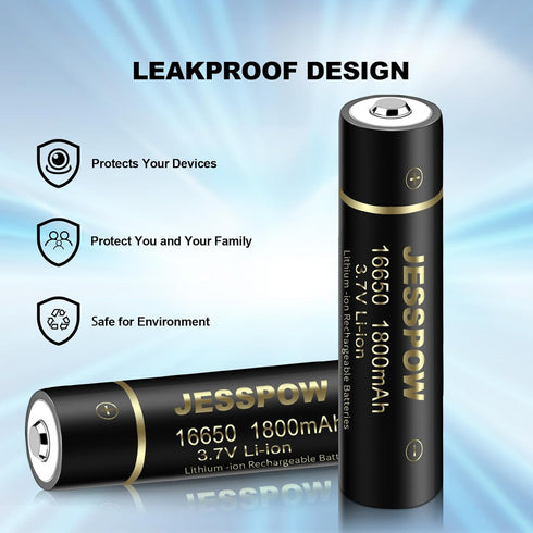16650 Rechargeable Battery, 1800mAh 3.7V Li-ion, 2 Pack for Flashlights and Torches