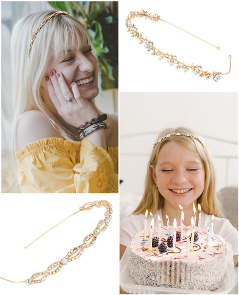 Wecoe 4 Pack AB Rhinestone Headbands, Gold Metal Headbands, Flower Girl Bridal Wedding Headband