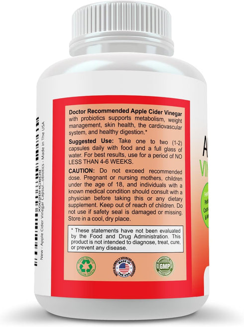 Apple Cider Vinegar Capsules - 120 Veggie Capsules, Organic ACV Supplement with Probiotics