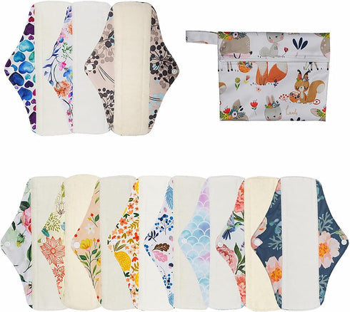 ReUseLife 12 Pieces Cloth Menstrual Pads,Reusable Sanitary Pads,Size 10 inch Regular,Unscented