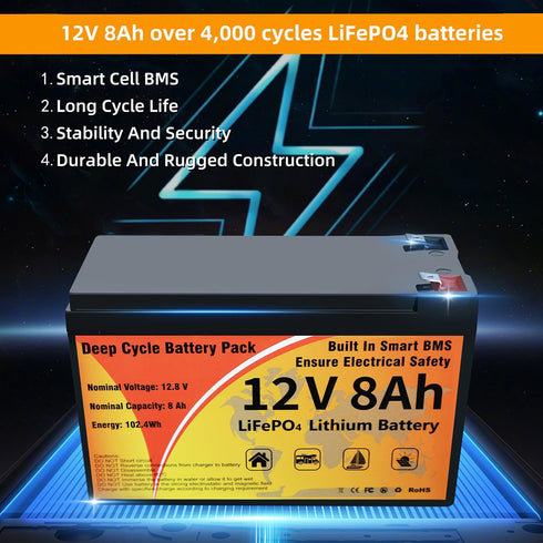 Kingboss 12V 8AH LiFePO4 31 100A 8000+ 1280Wh IP65 (12V 8Ah) Battery, Group Lithium Battery Built-in BMS Deep Cycles