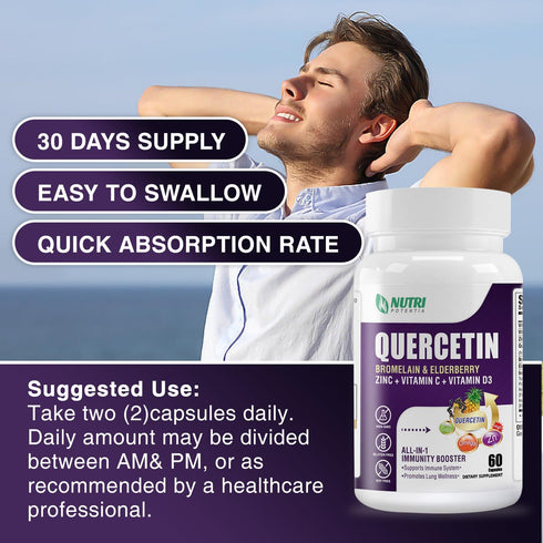 Quercetin with Bromelain, 500mg Capsules, Vitamin C & D3, Zinc, Elderberry for Lung Immune Support, 60 Capsules