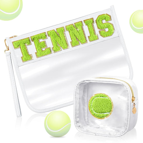 Hillban 2 Pcs Tennis Gifts Chenille Letter Bags, Preppy Patch Makeup Bag, Waterproof Travel Pouch