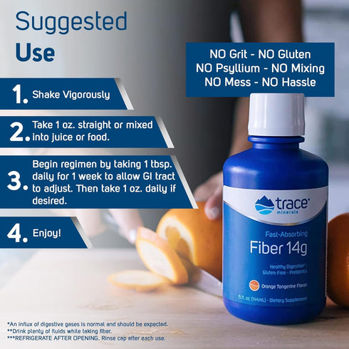 Trace Minerals Fast Absorbing Fiber Liquid Supplement, 14g, Gluten Free, Orange Tangerine Flavor, 15 oz