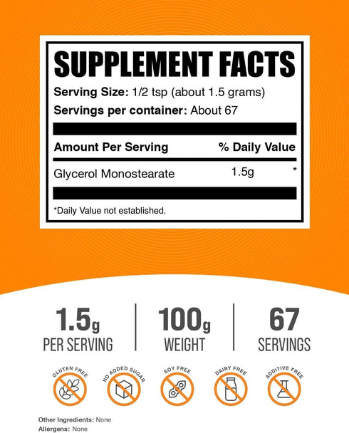 BulkSupplements.com Glycerol Monostearate Powder, Unflavored, Food Grade & Gluten Free, 1.5g per Serving, 100g
