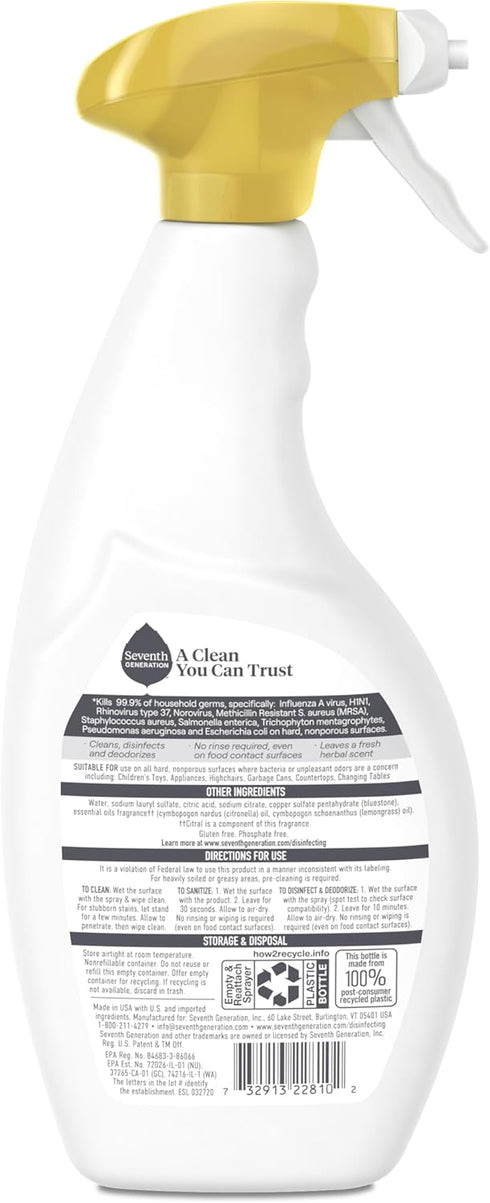 Seventh Generation Disinfecting Spray Multi Purpose Cleaner Lemongrass Citrus Disinfectant Cleaner 26 oz (Packaging May Vary)