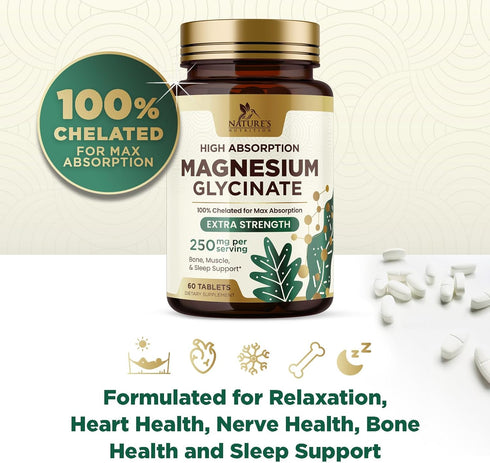 Magnesium Glycinate Supplement 250mg - 60 Tablets High Absorption for Muscle, Heart, Bone Health