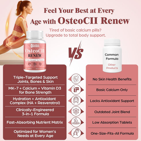 MK-7, D3, 180 Joint Supplements for Women OsteoCII Renew Triple Strength Advanced Joint, Bone & Skin Formula Collagen