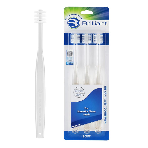 Brilliant Oral Care Adult Toothbrush, Soft Bristles, Round Head, All-Around Clean for Teeth and Gums, Clear, 3 Pack