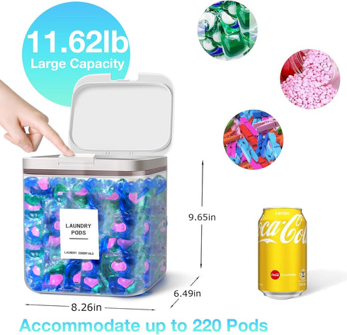 MUVEKA 186oz/5.5L 30 220 Laundry Pods Container for Room Organization, Pod Up Holder With Labels and Scoop, Detergent