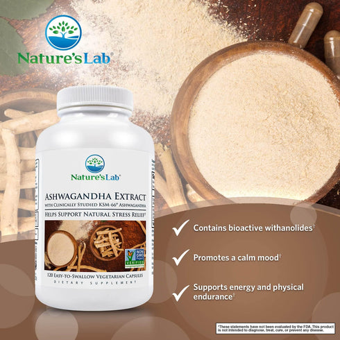 Nature's Lab Ashwagandha Extract - KSM 66 5% Withanolides - 120 Ct (60 Day Supply)