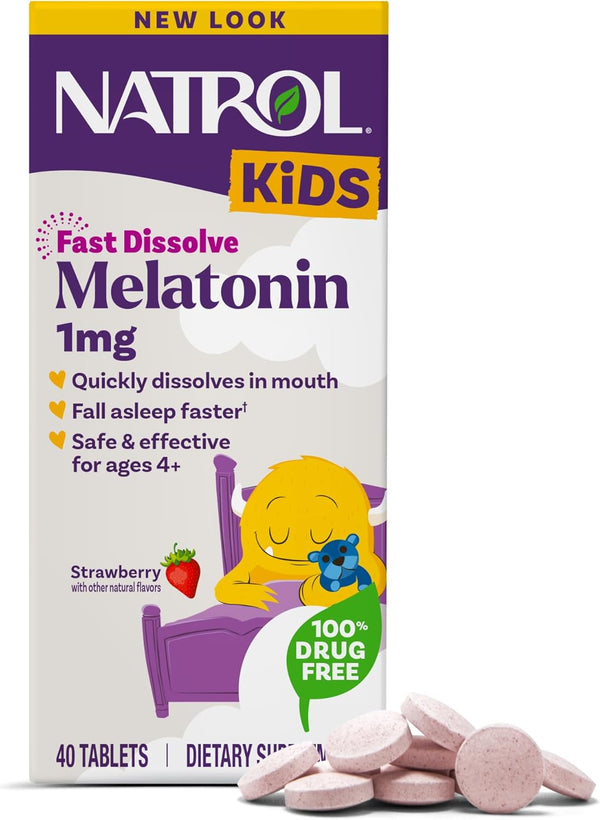 Natrol Kids Fast Dissolve Melatonin 1 mg Dietary Supplement for Restful Sleep, 40 Strawberry-Flavored Tablets, 40 Day