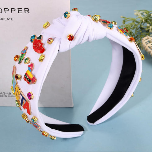 Mexican Headband for Women, Cinco De Mayo Beaded Fiesta Knotted Headband with Rhinestones (Fiesta 1)