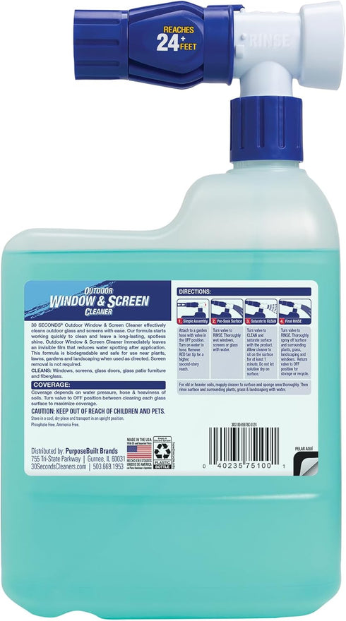 30 SECONDS Concentrated Outdoor Window & Screen Cleaner for Glass, Patio Doors, Furniture - No Screen Removal, Spray &