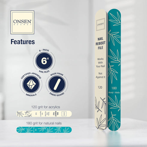 Onsen Secret Japanese Nail File, Professional 6-Pack, Double Sided Natural & Acrylic Nail Filers, Disposable