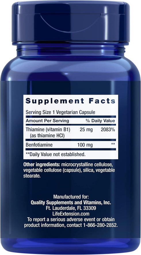 Life Extension Benfotiamine with Thiamine, fat & water soluble vitamin B1, Gluten free, healthy metabolism, non-GMO, vegetarian, 100 mg, 120 vegetarian capsules
