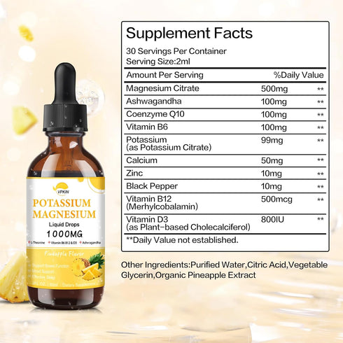 Potassium Magnesium Citrate Supplement, Magnesium Liquid Drops 1000mg with Glycinate for Calm & Immune Health