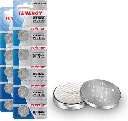 Tenergy CR1632 3V Lithium Button Cell, 10 Count Pack (2 Packs) for Watches, Key Fobs, Medical Devices, and More