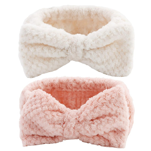 YISSION 2PCS Spa Headband with Bow, No Slip Elastic Hair Band for Face Wash, Makeup Skincare for Women Girls (White
