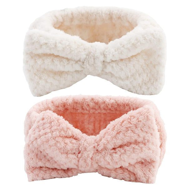 YISSION 2PCS Spa Headband with Bow, No Slip Elastic Hair Band for Face Wash, Makeup Skincare for Women Girls (White