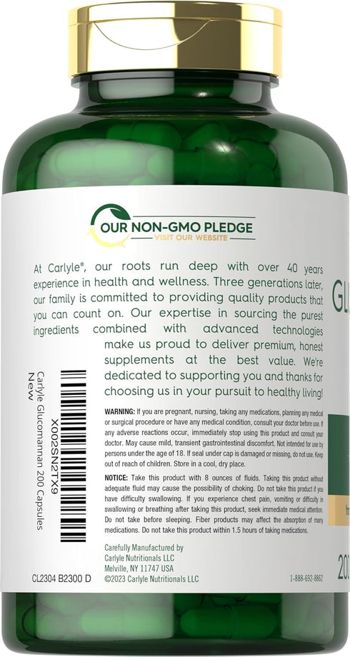 Carlyle Glucomannan Capsules, 200 Count, Non-GMO & Gluten Free Soluble Fiber Supplement