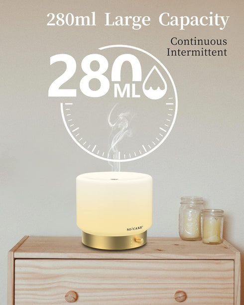 Humidifier,Dimmable (280ML) Glass Diffuser with Luxury Alloy Base(Gold), All-in-one Room Decor Aromatherapy Oil