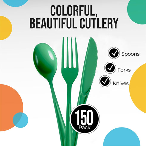 150 Pack Green Plastic Cutlery Set, Plastic Silverware Heavy Duty, Plastic Utensil Sets, 50 Plastic Forks 50 Plastic Spoons 50 Plastic Knives Disposable Cutlery Set For Party Supplies Exquisite by Exquisite