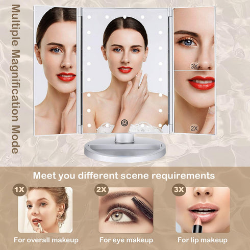 Tri-fold Lighted Vanity Makeup Mirror with 3x/2x/1x Magnification, 21Leds Light and Touch Screen,180 Degree Free Rotation Countertop Travel Cosmetic Mirror (White) by Flymiro