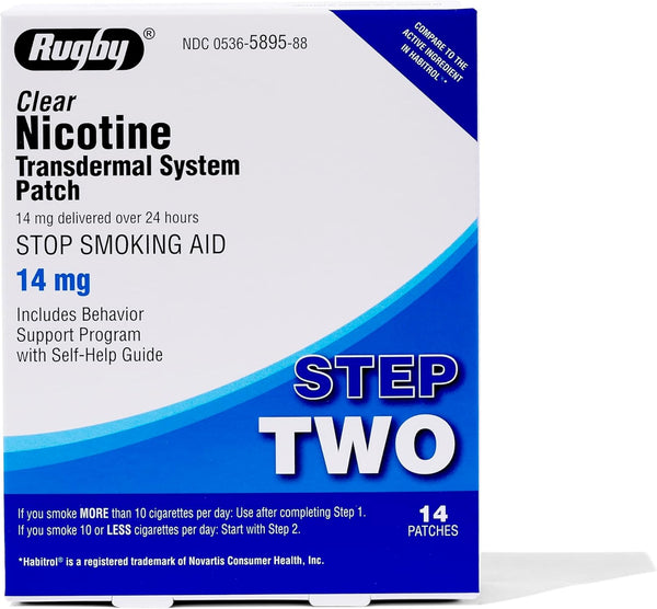 Rugby Clear Nicotine Patches - Transdermal System Patch for Smoking or Vaping Quitting Aid - Step 2-14mg - 14 Count
