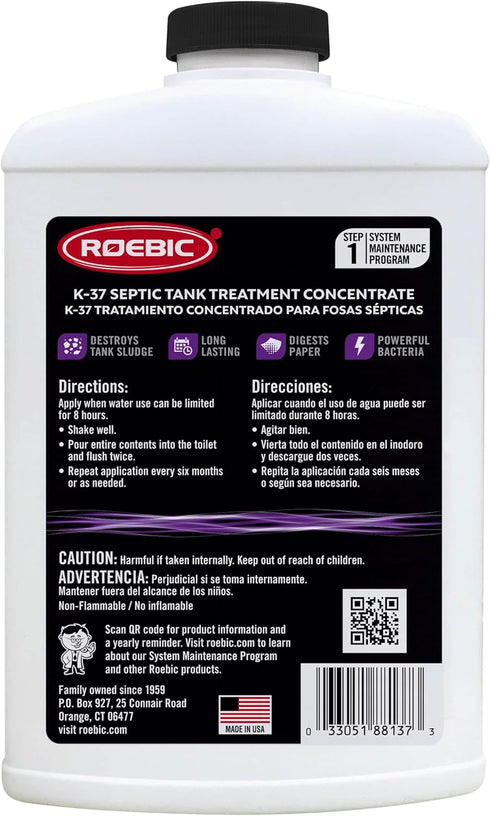 Roebic K-37-Q-C1500-4 Septic Tank Treatment, 32 oz, 16 oz Concentrate, Safe for All Plumbing Systems