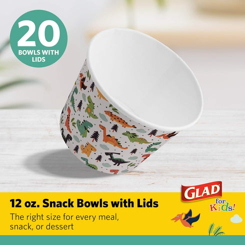 Glad for Kids Dinosaur Party Supplies, Heavy Duty Disposable Paper Snack Bowls with Lids, 12 Ounce - 20 Count
