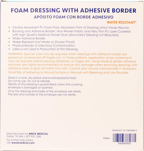 Areza Medical Foam Wound Dressing, Sterile Polyurethane, 6.5" x 6.5" (16.5 cm x 16.5 cm), Adhesive Border, 5 PCS