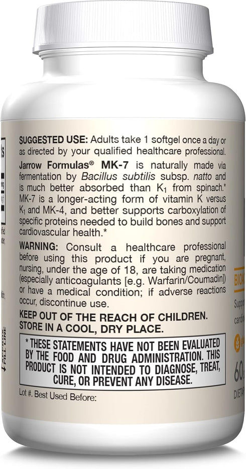 Jarrow Formulas MK-7 90 mcg, Bioactive Form of Vitamin K2, 60 Servings (Softgels), For Bone & Cardiovascular Health