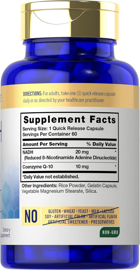 Carlyle NADH Supplement 20mg | with CoQ10 | 60 Capsules | Mega Strength | Non-GMO, Gluten Free