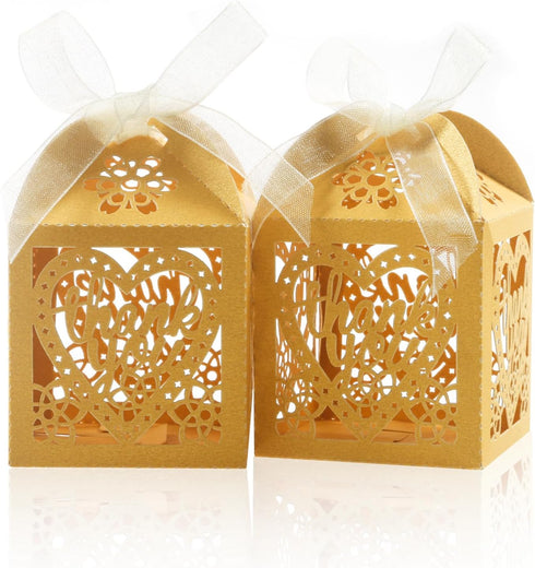 COTOPHER Laser Cut Boxes, 100pcs Thank You Gift Boxes for Wedding Party Favor, Gold (2x2x2.75inch)