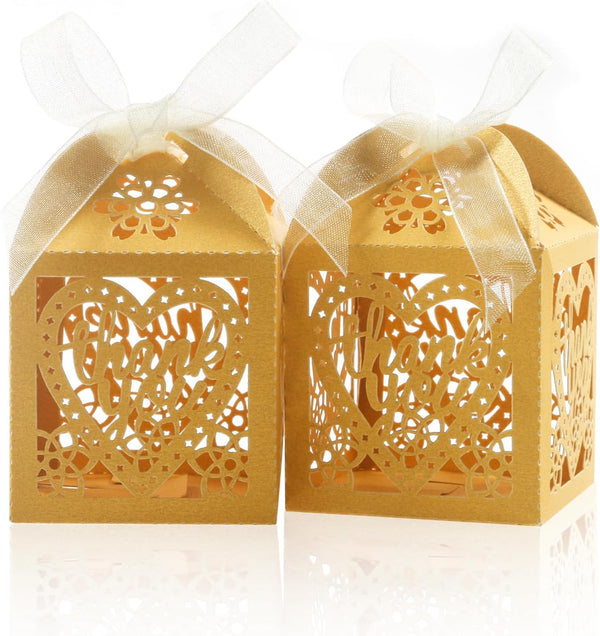 COTOPHER Laser Cut Boxes, 100pcs Thank You Gift Boxes for Wedding Party Favor, Gold (2x2x2.75inch)