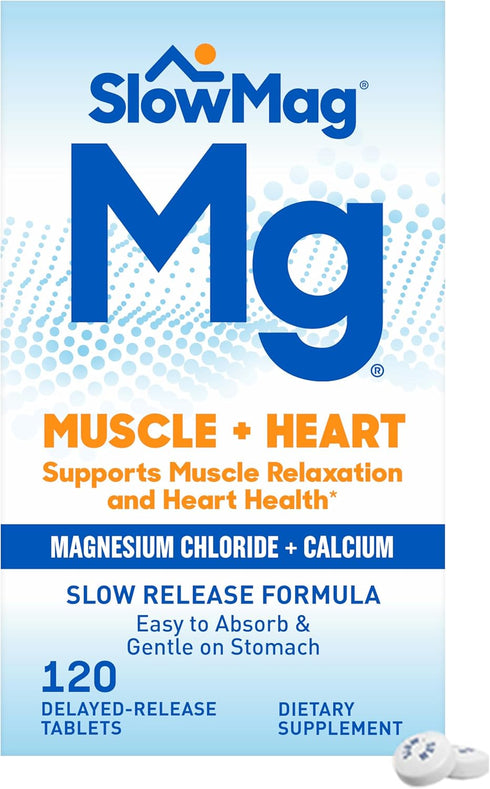 SlowMag Muscle + Heart Magnesium Chloride with Calcium Supplement, 120 Count for Muscle Relaxation and Heart Health