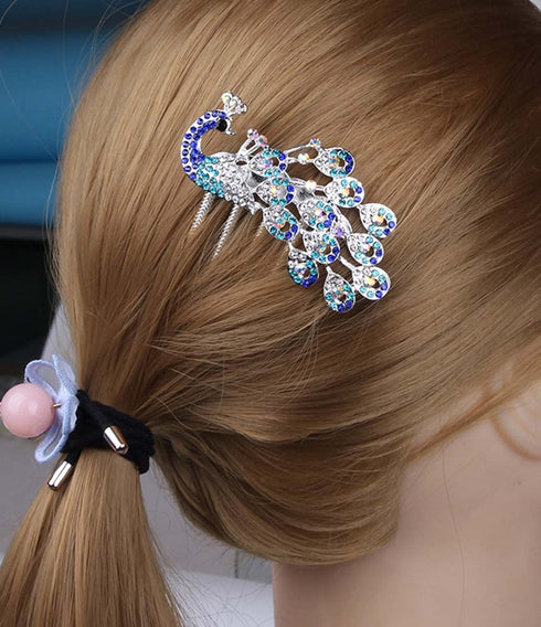 Wedding Bridal Headpiece Rhinestone Hair Comb, Women Peacock Hair Clip Side Comb Hair Accessory (Blue)