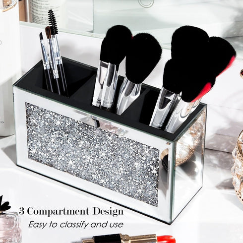SHYFOY Mirrored Makeup Brush Holder Organizer, 3 Slot Glass Cosmetics Brushes Storage Holders with Crystal Crushed