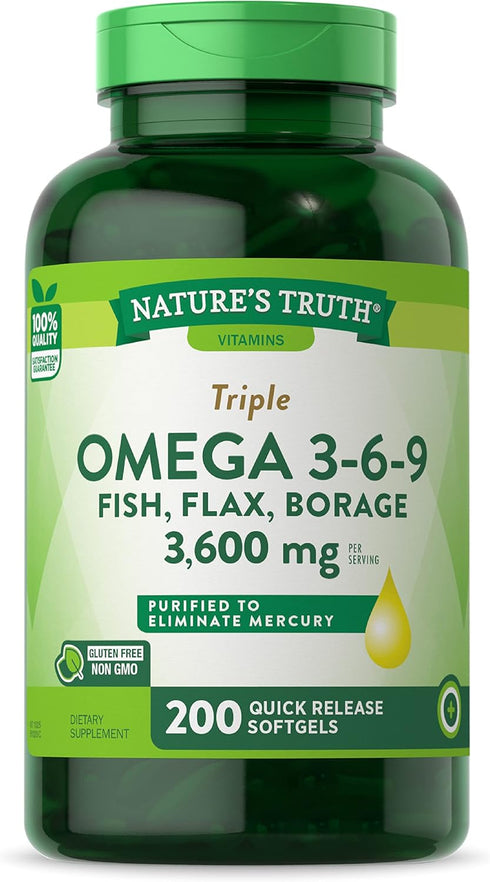 Nature's Truth Triple Omega 3-6-9, 200 Softgels - Fish, Flax, Borage Oils Supplement