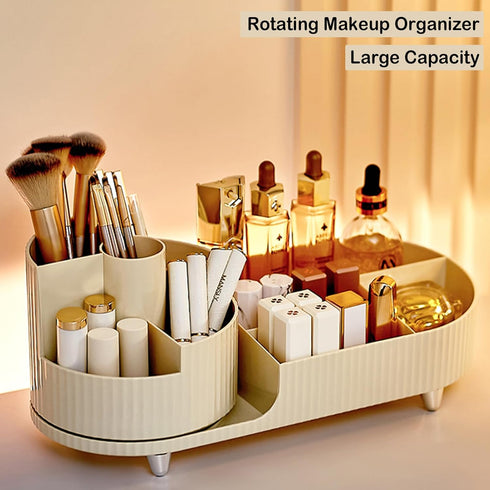 Rotating Makeup Organizer for Vanity, Large Spinning Cosmetic Storage with Brush Holder and Display Case