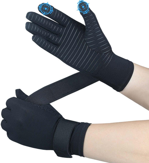Copper Arthritis Compression Gloves for Pain Relief, Full Finger Compression Hand Glove with Wrist Strap, Large/X-Large