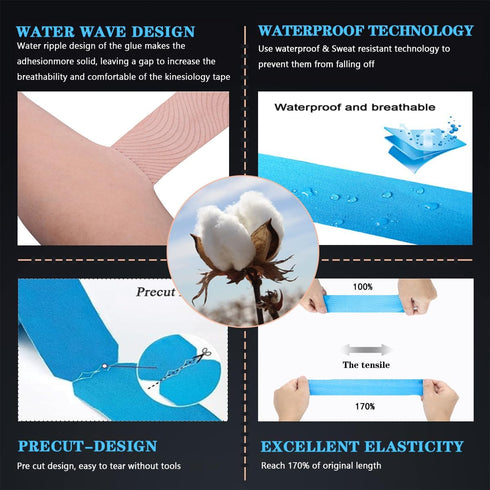 Kinesiology Tape Precut Pro-Waterproof Elastic Athletic Tape,Medical Grade Cotton Adhesive Sports Tape for Muscle Pain