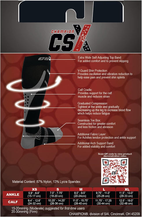 CSX 20-30 mmHg Compression Socks for Men and Women, Knee High, Silver on Black, Large, Athletic Sport Fit