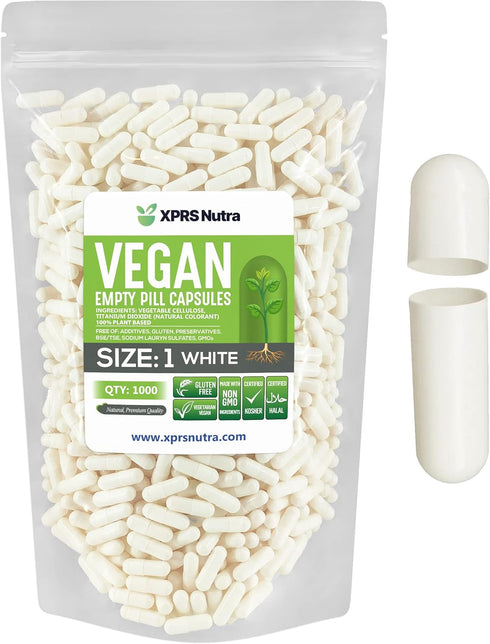 XPRS Nutra Size 1 Empty Vegan Capsules, 1000 Count DIY Vegetable Pill Caps for Supplements, White