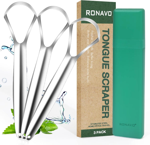 RONAVO Metal Tongue Scraper for Adults (3 Pack) with Travel Case, 100% Stainless Steel Tongue Cleaners for Oral Care